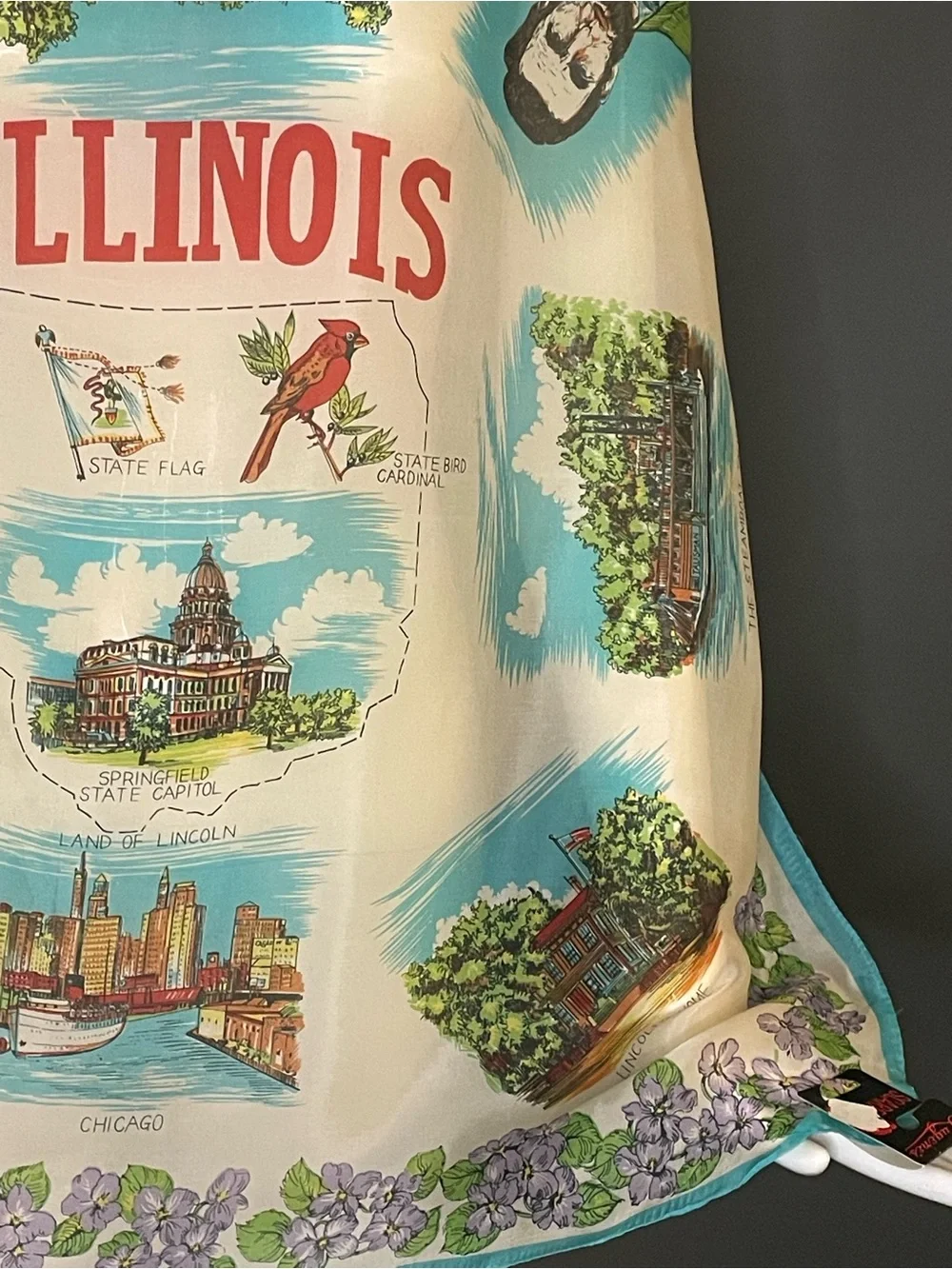 Rare Vintage 50s Souvenir Scarf Illinois Theme Abraham Lincoln 27 In Mint Cond